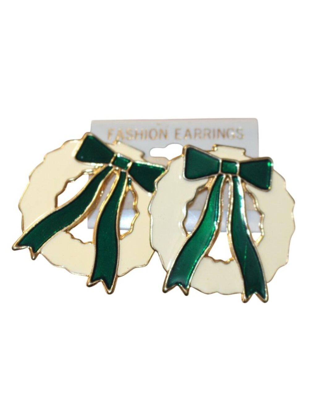 Vintage Cream & Green Enamel Christmas Wreath Earrings With Gold-Tone Accents